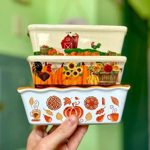 Pumpkin Farmhouse Fall Cottagecore Mini Baking Loaf Pans Set of 3 Bakeware - Picture 1 of 10